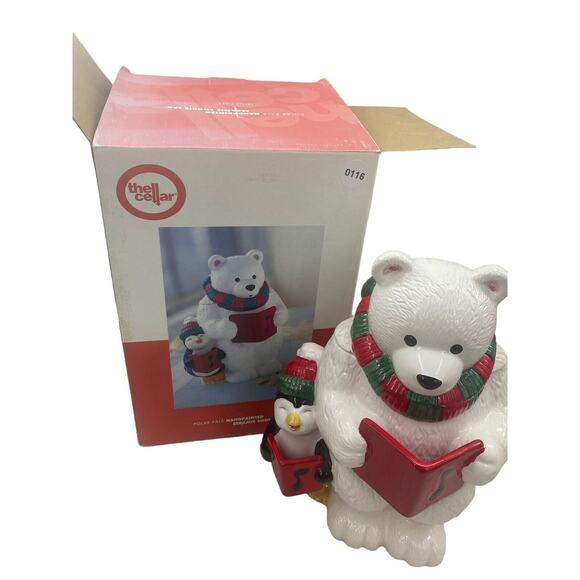 Vintage Caroling Polar Bear & Penguin Christmas Cookie Jar Ceramic W/Box CELLAR - Picture 10 of 16